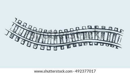 Endless wooden ties and wavy bend steel rails isolated on white. Freehand outline ink hand drawn picture icon sketchy in art scribble vintage style pen on paper. Perspective view with space for text