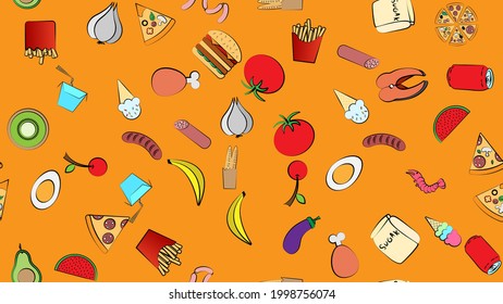 Endless yellow seamless pattern of delicious food and snack items icons set for restaurant bar cafe: ice cream, burger, pizza, sausage, drink, egg, tomato, garlic, mango, watermelon. The background
