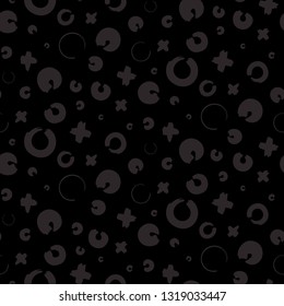 Endless youth backdrop with repeating ink cross and zero or xo vector sign.
Hand drawn seamless pattern with x and o symbols on black background. 