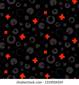 Endless youth backdrop with repeating ink cross and zero or xo vector sign.
Hand drawn seamless pattern with x and o symbols on black background. 