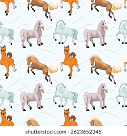 An endlessly repeating pattern with horses. Cute horses on a delicate background. Winter background. Horses in the field. Winter