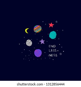 Endlessness Magic nature card Universe Space travel Planet Star moon cosmos astronomy inspiration graphic design typography element. Hand drawn postcard. Cute simple vector paper cutout collage style
