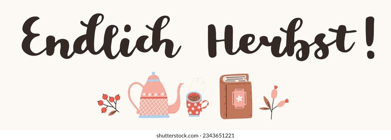 "Endlich Herbst" hand drawn vector lettering in German, in English means "Finally Autumn" or "Finally Fall". German hand lettering for fall season. Fall greetings seasonal card banner template. Vector