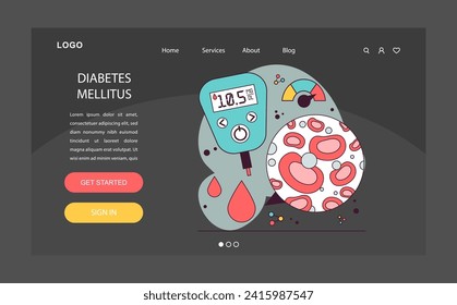 Banner web o página de inicio de la enfermedad del sistema endocrino nocturno o en modo oscuro. Medición de la sangre del azúcar con medidor de glucosa. Monitorización del índice glucémico de glucosa. Enfermedad del sistema endocrino. Ilustración vectorial plana