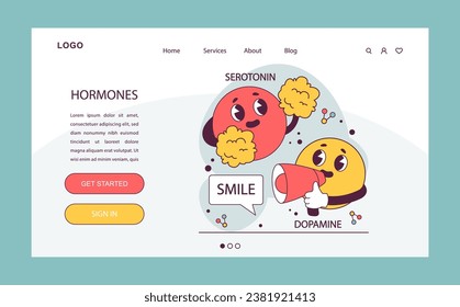 Endocrine system. Hormones function. Serotonin and dopamine effect. Happy chemicals cause positive mood. Flat vector illustration