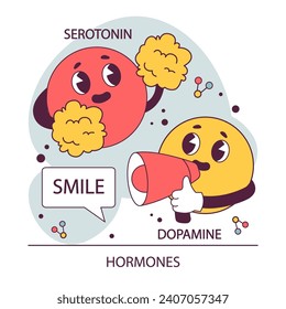 Endocrine system. Hormones function. Serotonin and dopamine effect. Happy chemicals cause positive mood. Flat vector illustration