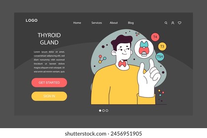 Endocrine system organ and disease night or dark mode web banner or landing page. Human gland function. Thyroid gland. Hormones secretion and balance. Metabolism regulation. Flat vector illustration