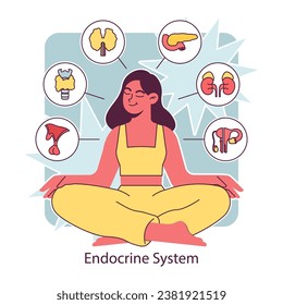 Endokrine Systemorganklasse. menschliche Drüsenfunktion. Pankreas, Hypophyse, Nebennierenrindendrüse und Schilddrüse. Sekretion und Gleichgewicht der menschlichen Hormone. Stoffwechsel-Regulierung. Flache Vektorgrafik