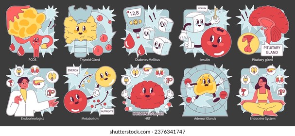 Órganos del sistema endocrino y conjunto de la noche de la enfermedad o el modo oscuro. Función hipofisaria, suprarrenal y tiroidea. Secreción y equilibrio de las hormonas humanas. Regulación del metabolismo. Ilustración vectorial plana