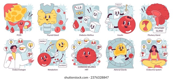 Endocrine system organs and disease set. Human glands function. Pituitary, adrenal and thyroid gland. Human hormones secretion and. balance. Metabolism regulation. Flat vector illustration