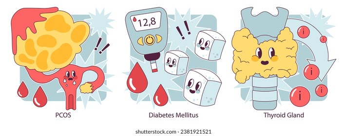 Endocrine system organs and disease set. Human glands function. Pituitary, adrenal and thyroid gland. Human hormones secretion and. balance. Metabolism regulation. Flat vector illustration
