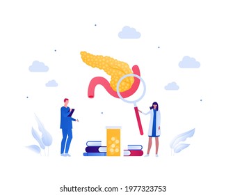 Endocrine system, pancreas disease, diabetes study concept. Vector flat illustration. Male female doctor and scientist team. Book, medicine and magnifier symbol. Design for health care, science.