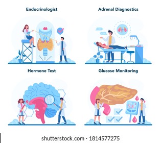 Endocrinologist concept set. Thyroid examination. Doctor examine hormone and glucose. Idea of health and medical treatment. Isolated flat vector illustration