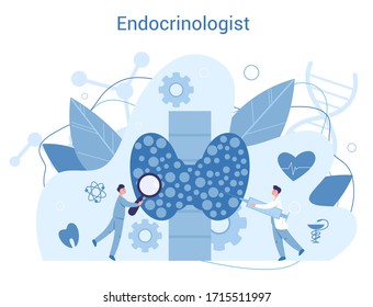 Endocrinologist concept. Thyroid examination. Doctor standing at big butterfly-shaped gland. Idea of health and medical treatment. Isolated flat vector illustration