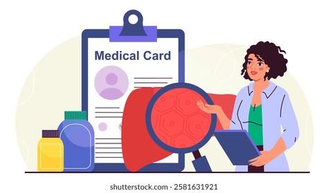 Endocrinologist examines liver. Woman in medical uniform with magnifying glass near huge internal organ. Healthcare and medicine. Diagnosis and treatment. Flat vector illustration