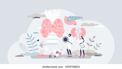 Endocrinologist as hormonal glands doctor and medical profession tiny person concept. Healthcare diagnosis, checkup or treatment for trachea, throat or neck vector illustration. Pills and drug therapy