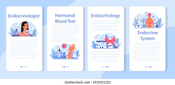 Banner-Set für den Endokrinologen für mobile Anwendungen. Schilddrüsenuntersuchung. Der Arzt untersucht Hormon und Glukose. Vorstellung von Gesundheit und medizinischer Behandlung. Einzelne flache Vektorgrafik