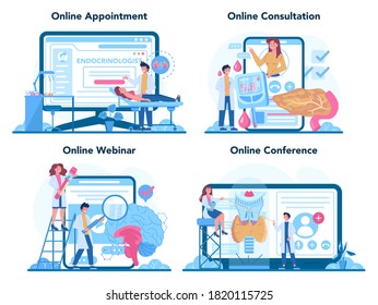 Endocrinologist Online-Dienst oder Plattform-Set. Schilddrüsenuntersuchung. Vorstellung von Gesundheit und medizinischer Behandlung. Online-Termin, Beratung, Webinar, Konferenz. Einzelne flache Vektorgrafik