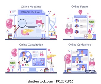 Servicio online de endocrinólogos o conjunto de plataformas. Examen de la glándula tiroidea. El médico examina la hormona y la glucosa. Foro en línea, revista, conferencia, consulta. Ilustración vectorial plana aislada