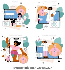 Servicio online de endocrinólogos o conjunto de plataformas. Examen de la glándula tiroidea. El médico diagnostica enfermedades del sistema endocrino. Cita en línea, consulta, contactos, sitio web. Ilustración vectorial plana