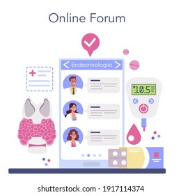Endocrinologist online service or platform. Thyroid gland examination. Doctor examine hormone and glucose. Online forum. Isolated flat vector illustration