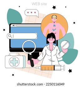 Servicio o plataforma online de endocrinólogos. Examen de la glándula tiroidea. El médico diagnostica enfermedades del sistema endocrino. Sitio web. Ilustración vectorial plana