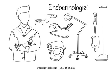 An endocrinologist specializing in diseases of the hormonal system and his medical instruments. Special equipment necessary for an endocrinologist to examine patients and make a diagnosis. Vector.