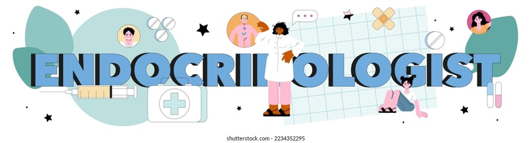 Endokrinologe typografische Header. Schilddrüsenuntersuchung. Der Arzt untersucht und diagnostiziert Erkrankungen des Hormonsystems. Vorstellung von Gesundheit und medizinischer Behandlung. Flache Vektorgrafik