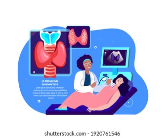 Endocrinologist Ultrasound Doctor Sonographer Examine Patient on Ultrasound Investigation.Thyroid Pathology,Anomalous Gland,Pineal Organ.Medical Hospital Diagnostics Treatment.Flat Vector Illustration