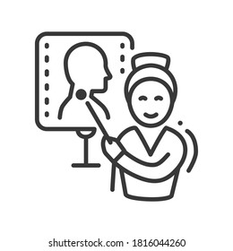 Endocrinologist - vector line design single isolated icon on white background. High quality black pictogram. Image of a doctor showing thyroid glands on visual aids. Healthcare and treatment idea