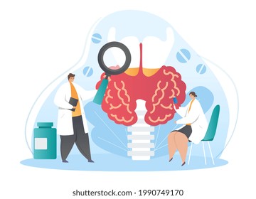 Endocrinologists diagnose and treat human thyroid gland. Annual checkup thyroid screening. Flat abstract metaphor cartoon vector illustration concept web banner design isolated on white background