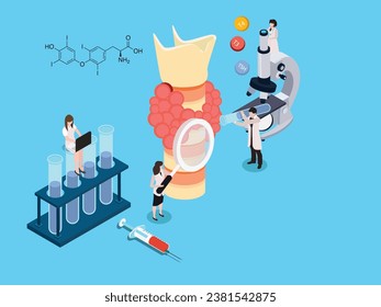 Endocrinologists diagnose and treat human thyroid gland isometric 3d vector concept for illustration, banner, website, landing page, flyer, etc.