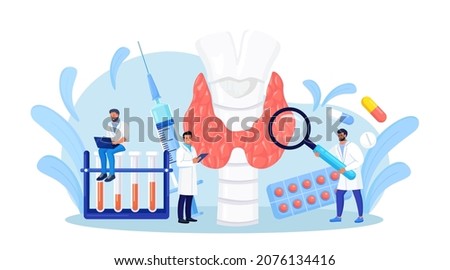 Endocrinologists diagnose and treat human thyroid gland. Doctors make blood test on hormones. Hypothyroidism, hyperthyroidism concept. Thyroid examination. Health and medical treatment