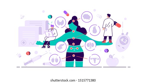 Endocrinology concept. Tiny hormones diseases persons. Abstract medicine and biology endocrine system branch.Behavioral or comparative treatment research. Anatomical gland problem. Vector illustration