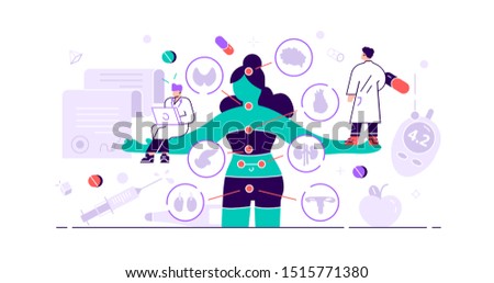 Endocrinology concept. Tiny hormones diseases persons. Abstract medicine and biology endocrine system branch.Behavioral or comparative treatment research. Anatomical gland problem. Vector illustration