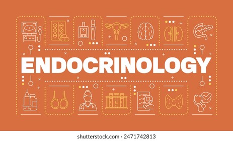 Endokrinologie Dunkelorange Wort Konzept. Untersuchung des endokrinen Systems. Diabetes-Management. Horizontale Vektorgrafik Bild. Überschriftentext umgeben von bearbeitbaren Gliederungssymbolen