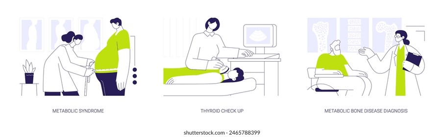 Endocrinology diseases abstract concept vector illustration set. Metabolic syndrome, thyroid check up, metabolic bone disease diagnosis, doctors appointment, osteoporosis test abstract metaphor.