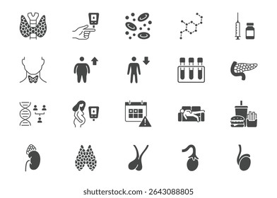 Conjunto de iconos de glifo de endocrinología. Los pictogramas de Vector incluyen: glándula tiroides, insulina, jeringuilla, suprarrenal, glucosímetro, hipodinamia ilustración de silueta de signo negro para diabetes.