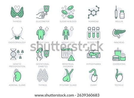 Endocrinology line icon set. Vector illustration include icon - thyroid gland, insulin, syringe, adrenal, glucometer, hypodynamia outline pictogram for diabetes. Green Color, Editable Stroke.