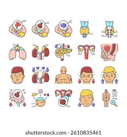 Endocrinology Medical Disease Icons Set Vector. Parathyroid And Pituitary Gland, Acromegaly And Hypothyroidism, Hypothalamus And Adrenal Insufficiency Endocrinology Line. Color Illustrations