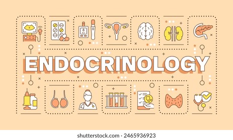 In: Endocrinology orange word concept. Untersuchung des endokrinen Systems. Diabetes-Management. In: Typografy Banner. Vektorillustration mit Titeltext, bearbeitbare Symbolfarbe. Hubot Sans Schriftart verwendet