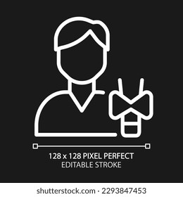 Endocrinology pixel perfect white linear icon for dark theme. Endocrine system. Thyroid gland disorders and treatment. Thin line illustration. Isolated symbol for night mode. Editable stroke