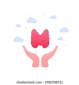 Endocrinology and thyroid disease awareness concept. Vector flat medical illustration. Human hand holding internal organ, isolated on white background. Design for healthcare