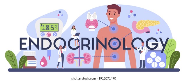 Encabezado tipográfico de endocrinología. Examen de la glándula tiroidea. El médico examina la hormona y la glucosa. Idea de salud y tratamiento médico. Ilustración vectorial plana aislada