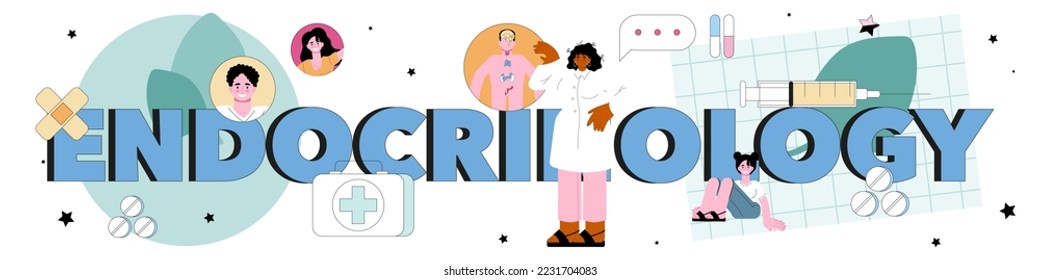 Endocrinology typographic header. Thyroid gland examination. Doctor examines and diagnoses endocrin system diseases. Idea of health and medical treatment. Flat vector illustration