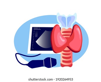 Endocrinology Ultrasound Diagnostics Screening Sonographer Examination,Ultrasound Investigation.Thyroid Pathology,Anomalous Gland,Pineal Organ.Medical Hospital Diagnostic Treatment.Vector Illustration