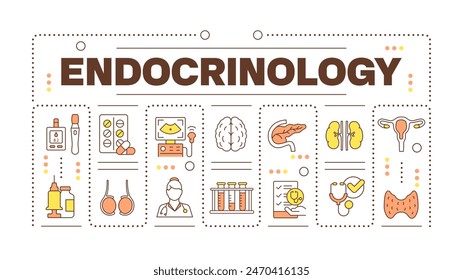 Endocrinology word concept isolated on white. Endocrine system checkup. Diabetes management. Creative illustration banner surrounded by editable line colorful icons