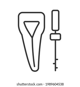 Archivo y diente endodóntico. Concepto de tratamiento del canal raíz. Instrumentos para el tratamiento dental. Icono de contorno aislado del vector. Trazo editable