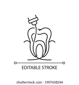 Endodontics linear icon. Journal of endodontics. Instruments for dental treatment. Thin line customizable illustration. Contour symbol. Vector isolated outline drawing. Editable stroke