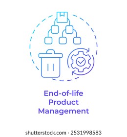 Ícone de conceito de gradiente azul de gerenciamento de produtos no final da vida útil. Tipo de logística reversa. Eliminação de resíduos. Ilustração de linha de forma redonda. Ideia abstrata. Design gráfico. Fácil de usar no artigo